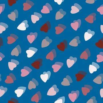 Simple colorful hearts seamless pattern chaotic on blue background Illustrazione stock