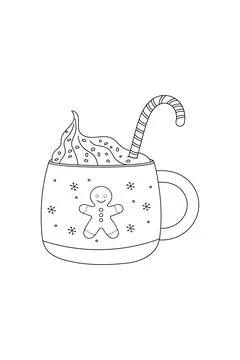 Simple coloring book, cocoa marshmallow, new year Christmas black and white.. Stock Illustration
