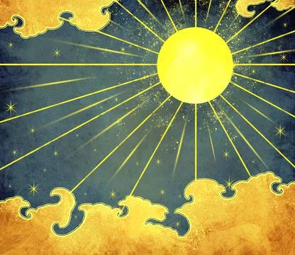 A simple composition of yellow sun and Golden clouds against a blue sky Stock Illustration