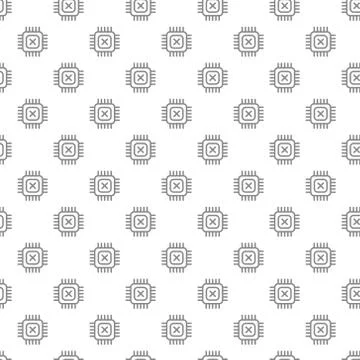 Simple computer micro chip and processor seamless pattern with various icons and Stock Illustration