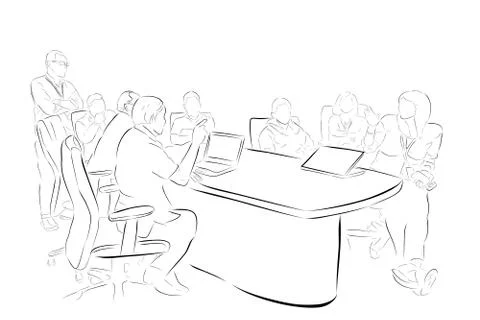 Simple Conceptual Vector, Hand Draw Sketch, 8 People in The Meeting Situation Stock Illustration