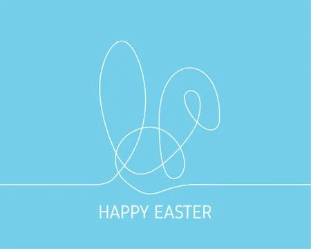 Simple continuous white line drawing Easter bunny on blue background. Minimal Stock Illustration