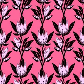 Simple contour seamless pattern of pink magnolias on a pink background, textu 스톡 일러스트