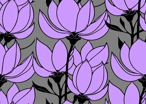 Simple contour seamless pattern of purple magnolias on a gray background, t.. 스톡 일러스트