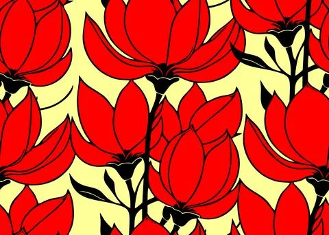 Simple contour seamless pattern of red magnolias on a yellow background, te.. Stock Illustration