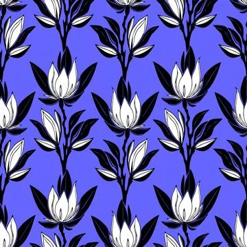 Simple contour seamless pattern of white magnolias on a blue background, te.. Stock Illustration
