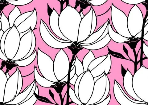 Simple contour seamless pattern of white magnolias on a pink background, te.. Illustrazione stock
