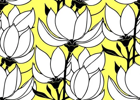 Simple contour seamless pattern of white magnolias on a yellow background, .. Stock Photos