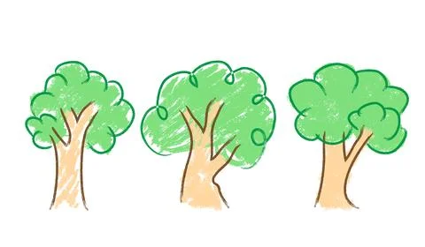 Simple crayon vector 3 big tree, isolated on white Stock Illustration