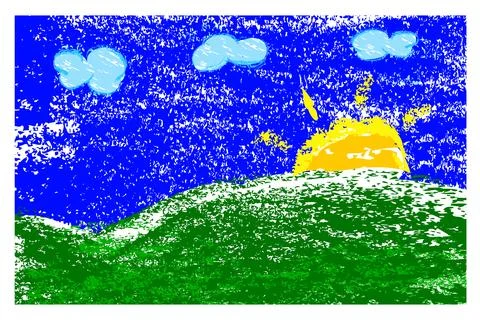Simple crayon vector hill flower sun, and cloud beyond the sky Stock Illustration