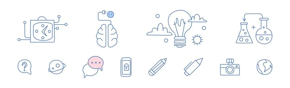 Simple Creative Process Line Icon and Object Vector Set Stock Illustration