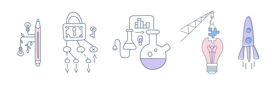 Simple Creative Process Line Icon and Object Vector Set Stock Illustration