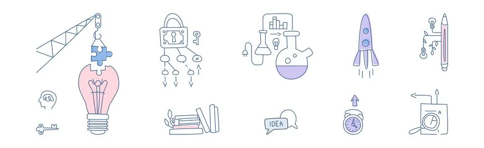 Simple Creative Process Line Icon and Object Vector Set Stock Illustration