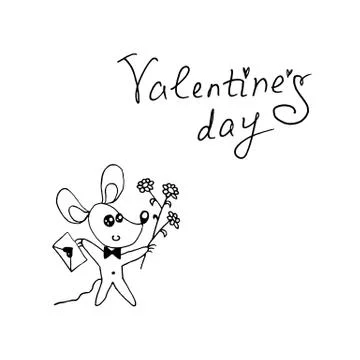 A simple cute contour mouse with a love letter and flowers. Doodle. Be my Val Stock Illustration