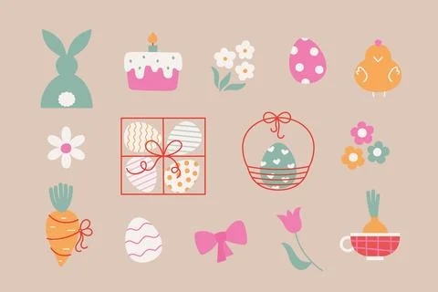 Simple cute Easter elements set with carrot, eggs, animals. Cartoon vector Illustrazione stock