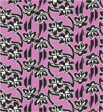 Simple cute floral pattern. Pink background, seamless small black flowers. Stock Illustration