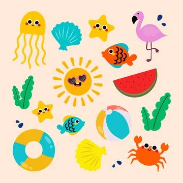 Simple cute illustration element design sticker set of summer and sea items Stock Illustration