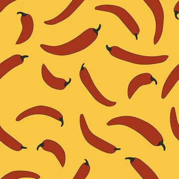 Simple cute seamless pattern with red chilly peppers on tellow background. Ma イラスト素材