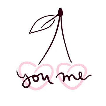Simple cute vector illustration with sweet ripe cherry and lettering You and Me Stock Illustration