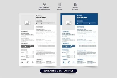 Simple CV template vector with photo placeholders and job experience sectio.. Stock Illustration