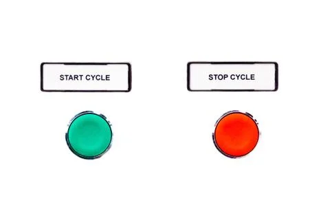 Simple cycle buttons green start beside red stop button. Beginning and ending Stock Photos