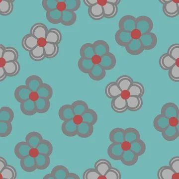 Simple daisies in grey and aqua green with red centers vector repeat pattern Stock Illustration