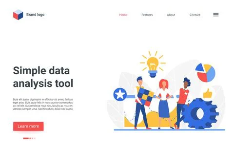 Simple data analysis tool landing page, analyst working, analyzing digital graph Illustrazione stock
