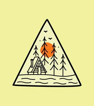 Simple design of cottage by the river in monoline art style Stock Illustration