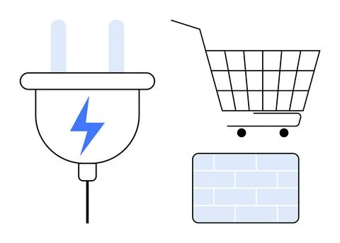 Simple design with electric power plug, shopping cart, and brick wall rectang Stock Illustration