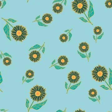 Simple design seamless random pattern with yellow sunflowers silhouettes. Blu Stock Illustration