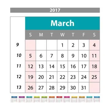 Simple digital calendar for March 2017. Vector printable calendar. Monthly .. Stock Illustration
