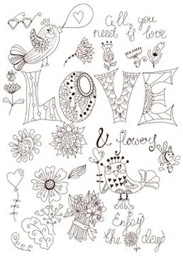 Simple doodle background with flowers and bird Stock Illustration