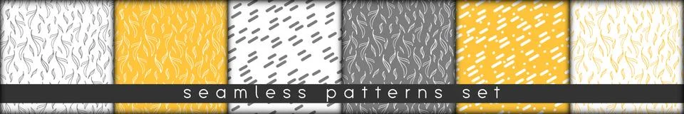Simple doodle botanic seamless patterns set. hand drawn lineart leaves elemen Stock Illustration