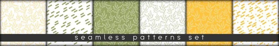 Simple doodle botanic seamless patterns set. hand drawn lineart leaves elemen Stock Illustration