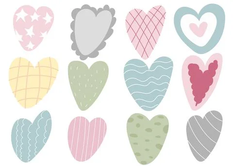Simple doodle Multicolored hearts set. Hand drawn heart isolated on white Stock Illustration
