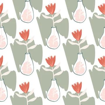 Simple doodle naive seamless pattern with flowers in a vase. White background Stock Illustration