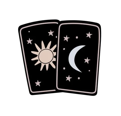 Simple doodle of a tarot card with sun and moon, boho tattoo, symbol of fortu Illustrazione stock