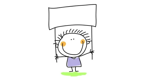 Simple drawing of boy holding up a blank poster adhered to two sticks with space Stock Footage 131177697