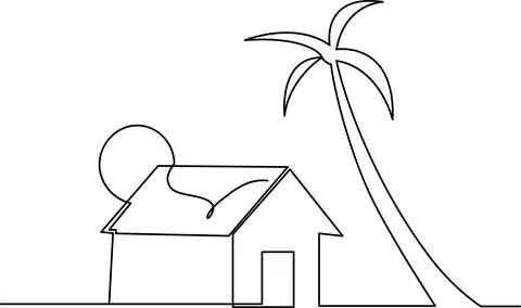 A simple drawing of a house with a palm tree and a person on the roof Vector 스톡 일러스트