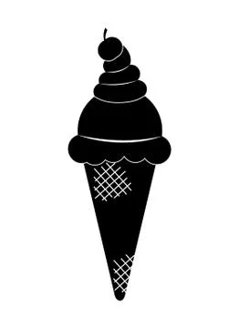 Simple drawing of ice cream with a cherry in a waffle cone Stock Illustration