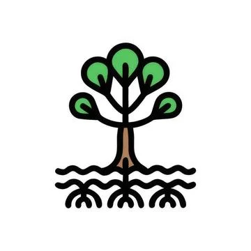 Simple drawing of a tree with roots and green leaves Ilustração Stock