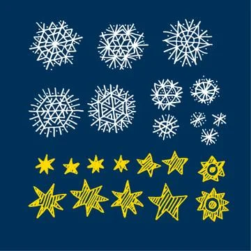 Simple drawn star and blue snowflakes elements set. Xmas holiday naive motif. Stock Illustration