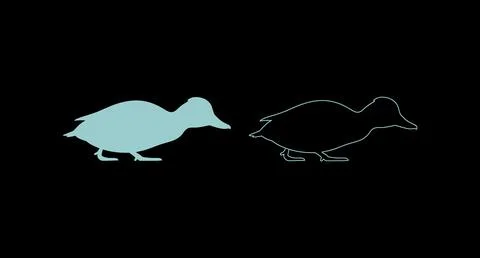 Simple duck illustration in solid color and outline styles with black backg.. Stock Illustration