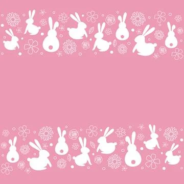 Simple Easter background with hand drawn bunnies and flowers. Vector Stock Illustration