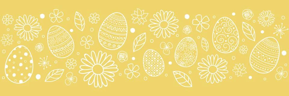 Simple Easter banner with hand drawn eggs and flowers. Vector Stock Illustration