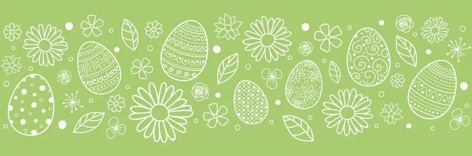 Simple Easter banner with hand drawn eggs and flowers. Vector Stock Illustration