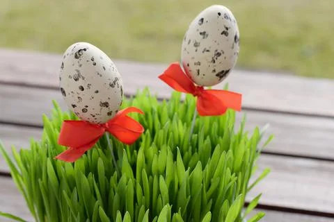 Simple Easter decoration with mottled eggs and wheat grass Foto stock