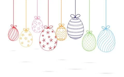 Simple Easter Eggs hanging line art banner. Line drawing style. Icon, logo... Stock Photos