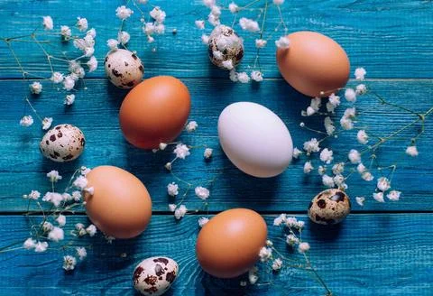 Simple easter eggs, quial eggs on wooden background Foto stock