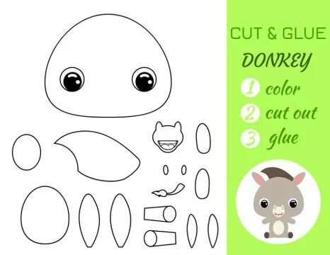 Simple educational game coloring page cut and glue sitting baby donkey for ki Stock Illustration